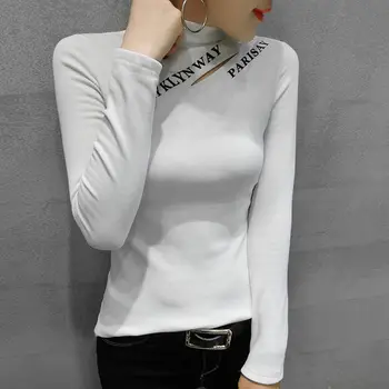 Naine Tshirts Naiste kõrge kaelusega Pikkade varrukatega Ripitud T-särk, Riided, Topid Mujer Camisetas