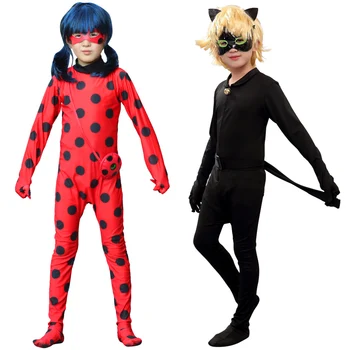 Halloween Fancy Lepatriinu Kostüümid Punane Tüdrukud Mask Cosplay Kombekas Must Poiss, Kass Lapsed Spandex Jõulud Täiskasvanud Sobib
