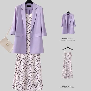 Suvel Armas Kleit Ülikond Naiste Pluss Suurus Korea Poole Varruka Bleiser + Õie Printida Spagetid Rihm Kleit 2-Osaline Komplekt, Vabaaja Riided