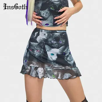 InsGoth Mall Goth Seksikas Must Seelik Harajuku Kõrge Vöökoht Silmadega Kass Prindi Mini Seelikud Streetwear Bodycon E Tüdruk Seelik Klubi Kandma