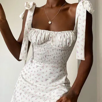 Õie Printida Ruffled Naiste Mini Kleit-line Seksikas Naine Tõsta Kleidid Vibu Kõrge Talje Kleit 2021 Suvel Backless Lady Vestidos