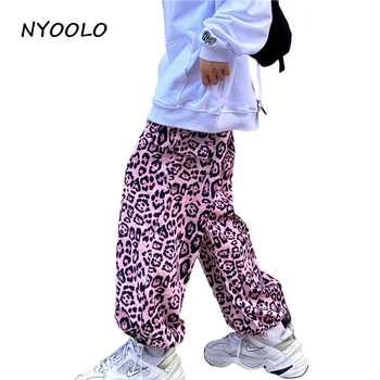 NYOOLO Vintage Streetwear Leopardi Mustriga Suured Taskud Lahti Püksid Naiste, Meeste Vabaaja Elastne Vöökoht Hip-Hop Rula Püksid