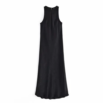 Suvine Kleit 2021 Za Must Satiin Pikk Kleit Naiste Mood Elegantne Varrukateta Kleidid Daamid Stiilne Tagasi Avatud Nööpidega Midi Kleidid