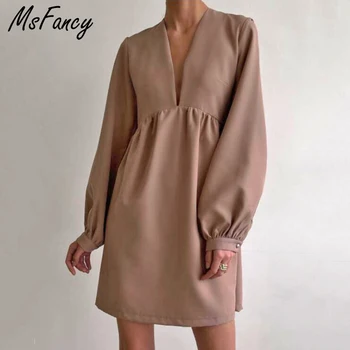 Msfancy Suve Must Mini Kleit Naiste 2021 Elegantne Sügav V-kaelus Tuunika Vestido De Mujer korea Fashion Laterna Varruka Rüü