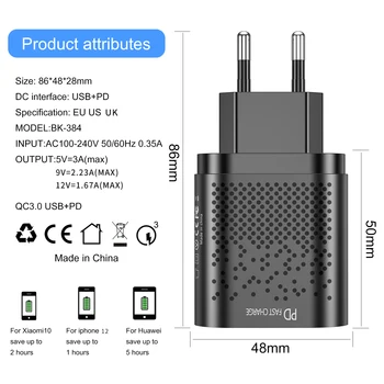 ELI/USA Ühendage USB-Laadija 3A Quik Eest 3.0 ja PD Mobiiltelefoni Laadija iPhone 12 Samsung Xiaomi 4 Port 48W Kiiresti Seina Laadijat