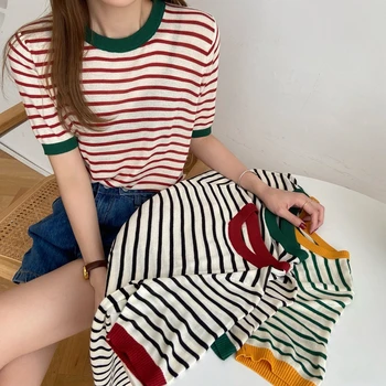 MERUBY Vintage Triibuline Kootud T-särk Tops Naiste Lühikesed Varrukad O-kaeluse Casual Fashion Tees korea Naiste T-Särk Femme