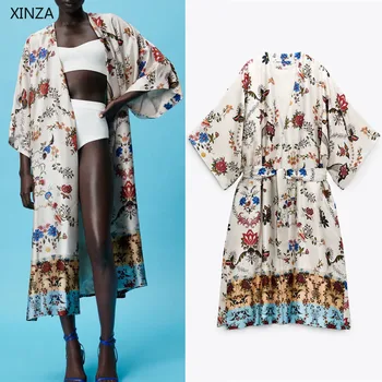 Za 2021 Suvel Naiste Lilled Prindi Kimono Vintage Kleit Pikk Varrukas Vöö Beach Kimono Mood Pool Lõikab Naine Midi Desses
