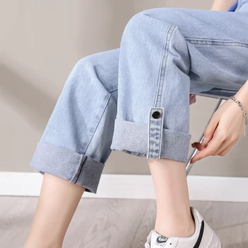 Naiste kõrge vöökoht Fashion jeans Naiste Stiilne Valtsimisega Sirge Jean Püksid Naine korea Fashion Lahti Denim Püksid Tüdrukutele