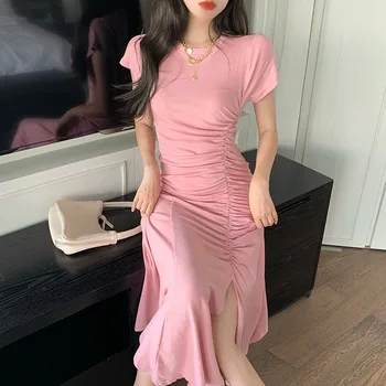 Elegantne Vintage Kleit Suvel 2021 Prantsuse Tahke O-Kaeluse Shirring Slim Midi Kleit Office Lady Korea Stiilis Vabaaja Õhuke Naiste Kleidid
