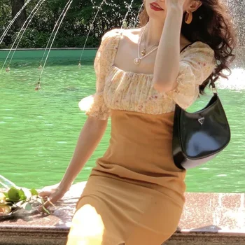 Puhvis Varrukad prantsuse Vintage Midi Elegantne Lilleline Kleit Emased Pool Disain korea Stiilis Bodycon Sundresses Naiste Suvel 2021