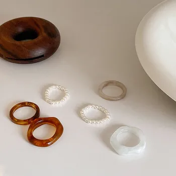AOMU 3tk/SET Vintage Magus Ebaregulaarne Geomeetriline Disain Akrüül Hirss Rant Pearl Ring Ring Rõngad, Naised, Tüdrukud Lihtne Ehted