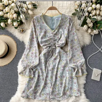 Suvel Sifonki Vintage Õie Boho Beach Kleit Elegantne Naiste Poole Mini Kleit Emane prantsuse V-kaeluse Vabaaja Puhkus korea Kleit