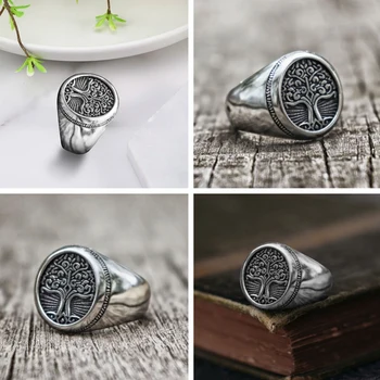 Roostevabast Terasest Elupuu Signet Ring Klassikaline Meeste Viking Amulett Rõngad Põhjamaade Ehted