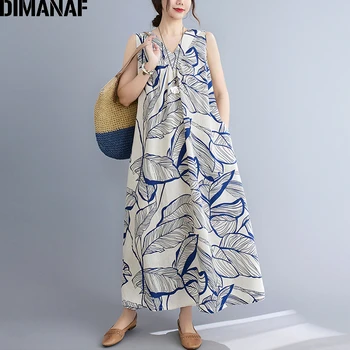 DIMANAF 2021 Mõõdus Suvine Kleit Beach Sundress Õie Printida Naiste Vestidos Elegantne Daam Pikk Kleit Juhuslik Varrukateta M-2XL