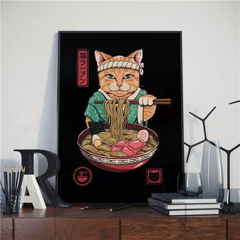 Jaapani Samurai Kass Ramen Nostalgia Lõuend Maalid Multikas Loomade Plakatid ja Pildid Seina Art Pilte, Kodu Kaunistamine