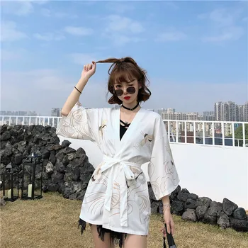 Lahti Harajuku Jaapani Mood Kimono Yukata 2020 Valge Must Kraana Prindi Naiste Kampsun, Pluus Beach Haori Obi-Aasia Riided