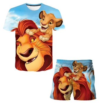 Uus Lion King T-Särk Sobiks Lõbus Prindib Poiss Tüdrukute Lühikesed Varrukad Lühikesed Püksid 2-osaline Komplekt, 4-14T Polüesterkiud, Vabaaja Bab