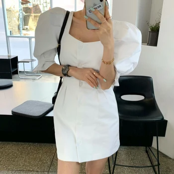 ZHISILAO Elegantne-line Kleit Naiste Tahke Puhvis Varrukad Pool Single-breasted Mini Kleit Valge Must Kõrge Vöökoht Rüü Suvel 2021