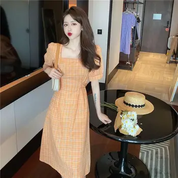 Prantsuse Vintage Ruuduline Kleit Square Krae Õhuke Naiste Disain Suvine Kleit 2021 Uued Vabaaja Pikk Korea Y2k Kleit Büroo Poole Talaari