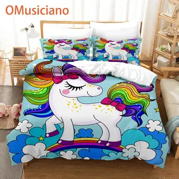 Cartoon armas rainbow unicorn voodipesu komplekt, Tüdruk, tekk, trööstija / tekikott komplekt täielik kuninganna, kuningas, Laste multikas ükssarvik 3pc