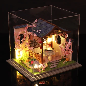 DIY Kääbus Puust Nukk Maja Komplekt kokku pandud Mööbel Jaapani Casa Nukumaja koos Kirsi Õied Mänguasjad Täiskasvanutele Xmas Kingitused
