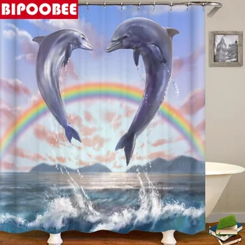 Elevant Vannituba Komplekti Ookeani Dolphin süvamere 3D Dušš Kardin, millel on 12 Konksud Pjedestaal Vaipa Kaanega Wc Kaas Bath Mat Komplekt