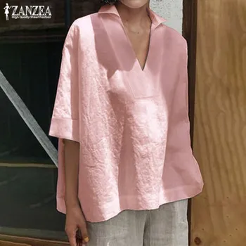 2021 ZANZEA seal kaftan Vabaaja V kaela Tuunika Naiste Suvine Fashion Pluus 3/4 Varrukad Naiste Särgid Tahke Tööd Blusas Pluss Suurus Kleit