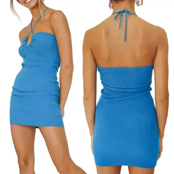 Naiste Slim Fit Kleit Täiskasvanute Varrukateta Nöörima Low Cut (Solid Color Cross Päitsed