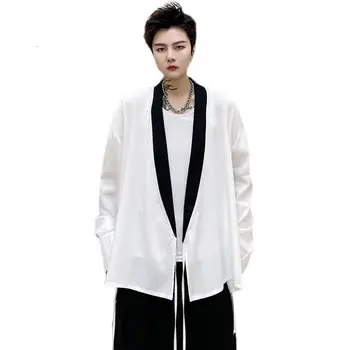 IEFB korea Fashion Streetwear Sidemega Valge Särk Meeste Pits Kuni 2021. Aasta Kevad-Suvel Uus Pikad Varrukad Mood Loosecasual Tops