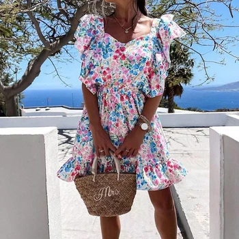 Vintage Õie Printida Elegantne Naiste Mini Kleit 2021 Suvel Seksikas Backless Pits-up Ruffle Kleit Juhuslik Lady Beach Kleidid Puhkus