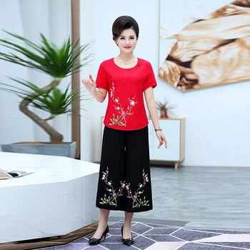 Hiina Stiile Naiste kaheosalised Komplektid Hiina Suvel tikitud lühikeste varrukatega T-särk, kaks tükki Naiste Püksid, Ülikonnad