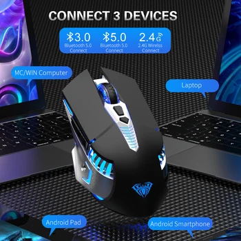 Bluetooth-Wireless Gaming Mouse, Multi-Seade(BT5.0/3.0+2.4 G) Hiirtel LED Valgus PC-Arvuti Sülearvuti Mac Tablett