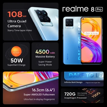 Realme 8 Pro 8pro Android 11 Nutitelefoni 8GB 128GB Snapdragon 720G Mobiiltelefoni 50W Super Charge Mobiiltelefon Globaalne Versioon 4500mAh