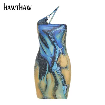 Hawthaw Naiste Suve Mood Ühe Õla Varrukateta Bodycon Trükitud Pakendi Hip Mini Kleit 2021 Naiste Riided Streetwear