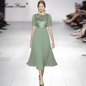 MoaaYina Moe Raja Suvel Roheline Kleit Naiste O-kaeluse Liblikas Varruka Pleisse Tikitud Plisseeritud Elegantne Pool Kleit