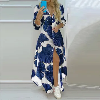 Casual Rinnamikrofon Kirja Printida Kõrge Split Maxi Kleidid Naistele 2021 Kevadel Ja Sügisel Mood Seksikas Ebaregulaarne Särk Pikk Kleit Femme