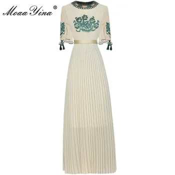 MoaaYina Moe Raja Suvel Midi Kleit Naiste ümber kaela Lühikesed varrukad Tikitud Sifonki Daamid Vintage Pool Kleit