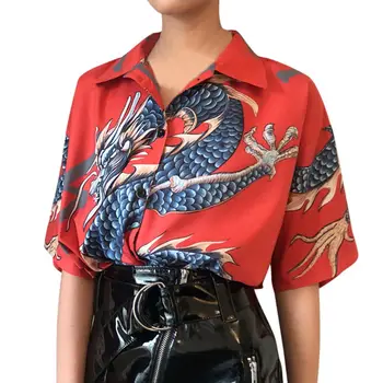 Suvel Harajuku Pluus Naiste Topid ja Pluusid Lühikesed Varrukad Dragon Prindi Särgid Naine Streetwear