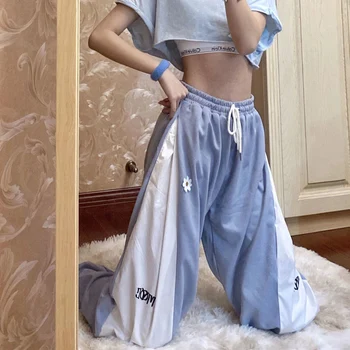 Valge Sinine Kontrasti Lahti Sörkimine Püksid Naiste Kõrge Vöökoht Pingutusnöör Püksid Vabaaja Püksid Naiste Korea Streetwear Püksid