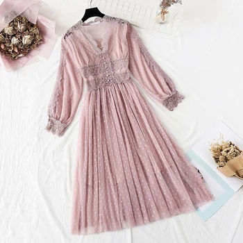 Polka Dot Print Naiste Kleit 2-osaline komplekt 2020. aasta Kevad-Suvel Vintage Pikad varrukad Pool Kleit Armas Pits Silma Kleidid Vestidos