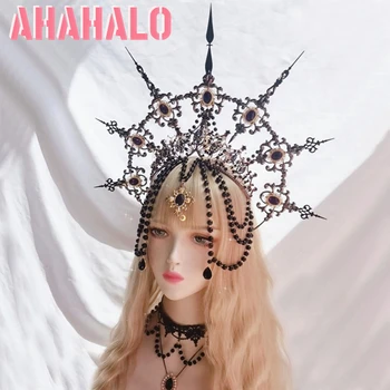 Halo Crown Lolita Jumalanna KC Neitsi Maarja Tume Aura Risti Tembitud Halo Peapael Must Rant Kett Crown Headpiece Tarvikud