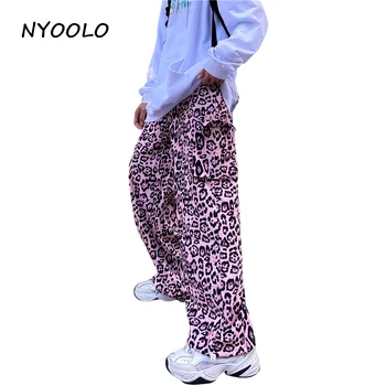 NYOOLO Vintage Streetwear Leopardi Mustriga Suured Taskud Lahti Püksid Naiste, Meeste Vabaaja Elastne Vöökoht Hip-Hop Rula Püksid