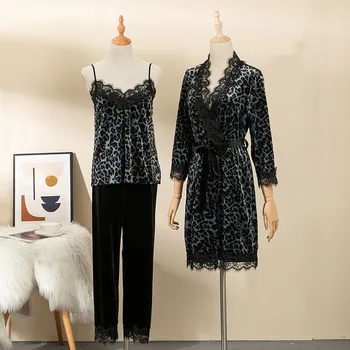 Seksikas Pits Nightgowns Vabaaja Hommikumantel Prindi Leopard Velvet 3TK Pidžaama Komplekt Naistele Sleepwear Sügis-Talvel Uute Magada Set Homewear