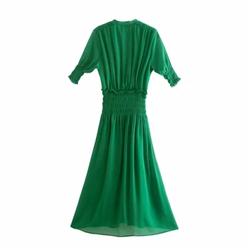 Za girl dress 2021 suvel moe roheline väike plisseeritud midi kleit retro V-kaeluse, lühikeste varrukatega talje elegantne pidulik naiste pikk kleit