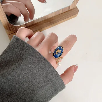 SRCOI Vintage Elegants Ovaalne Kivi Ring Geomeetriline Nikerdatud nimetissõrme Rõnga Koos Pearl Naiste Temperament Ehted Tarvikud