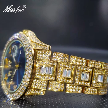 Relogio Luksus Brändi MISSFOX Kuld Dimaond Royal Blue Sunbrust Dial Elegantne Kellad Kalender Veekindel Viimane Plahvatus Mudelid