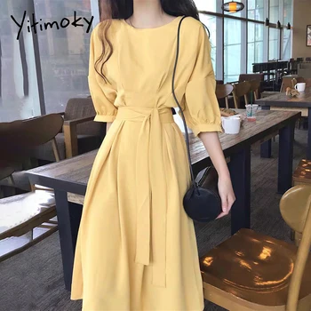 Yitimoky Kleit Naistele Poole Varruka korea Elegantne Mood 2021 Kleidid Keskel Vasikas Vabaaja Tahke Kollane Riietus Kõrge Vöökoht O-kaelus
