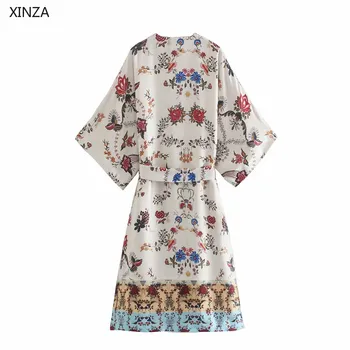 Za 2021 Suvel Naiste Lilled Prindi Kimono Vintage Kleit Pikk Varrukas Vöö Beach Kimono Mood Pool Lõikab Naine Midi Desses
