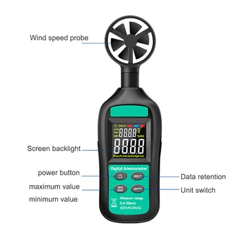 ANENG GN301 Digitaalse Anemomeeter 0-30m/S Tuule Kiiruse Mõõtja -10 ~ 45C Temperatuur Tester Anemometro LCD Ekraan Backlight