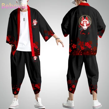 Pluss Suurus XS-6XL Must Rebane Trükkimine Jaapani Stiilis Mood Kimono ja Pant Seatud Meeste ja Naiste Kampsun, Pluus Haori Obi-Aasia Riided